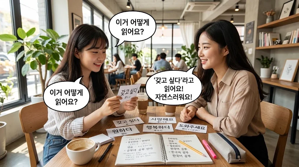 カフェで友人と楽しく会話練習している様子