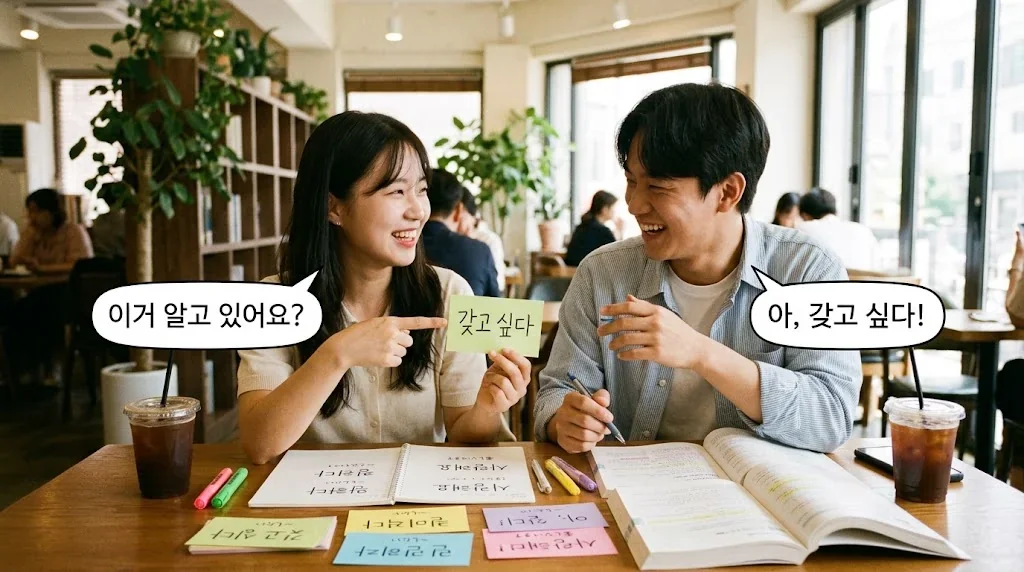 カフェで友人と楽しそうに韓国語を学ぶ様子