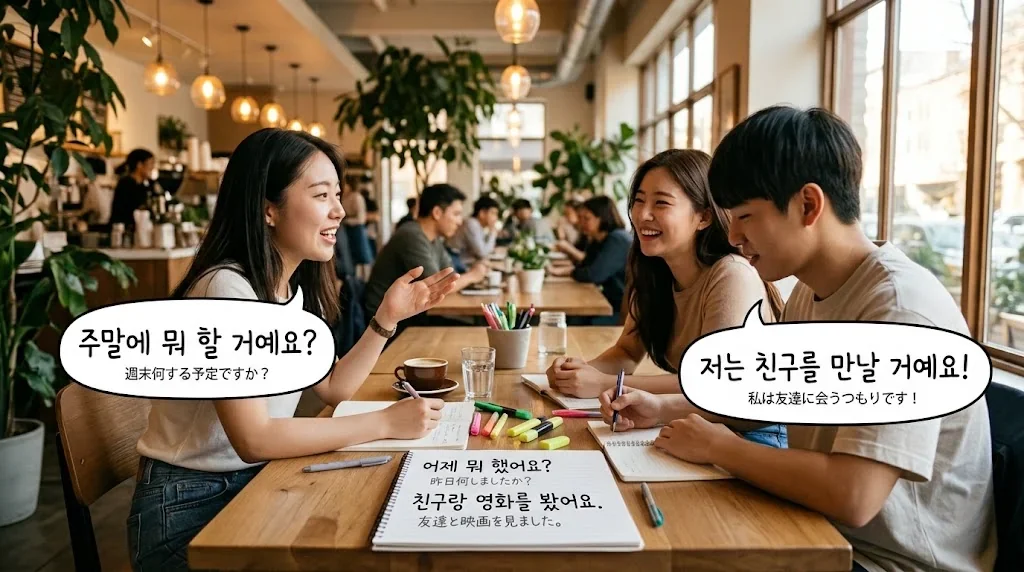 カフェで友人と韓国語を練習する楽しいシーン。