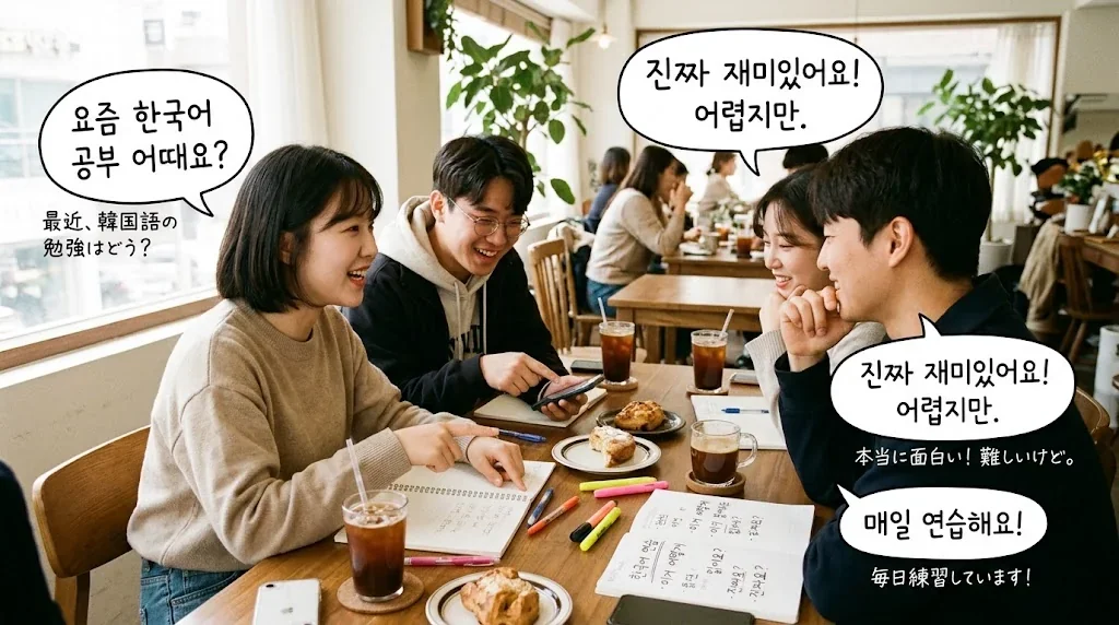 カフェで友人とノートを見ながら会話を楽しむ様子。