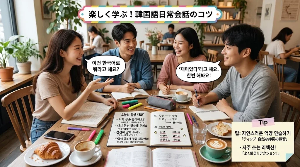カフェで友人と会話を楽しむ学習の様子